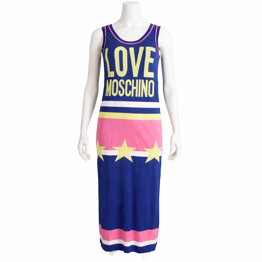 Love Moschino Graphic Logo Maxi Dress Stars Colorblock Blue Pink Size 2